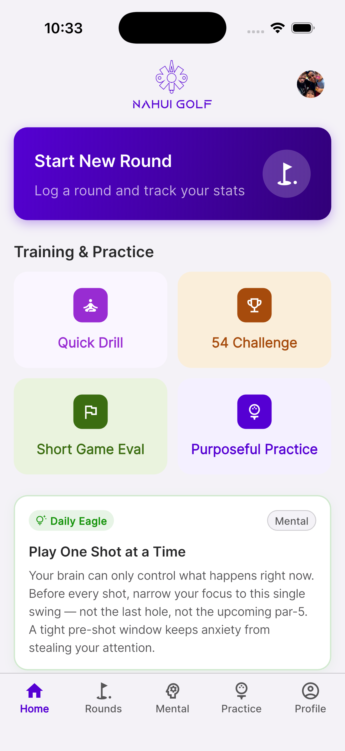 Nahui Golf app home screen with training, practice, and daily mental tip cards.