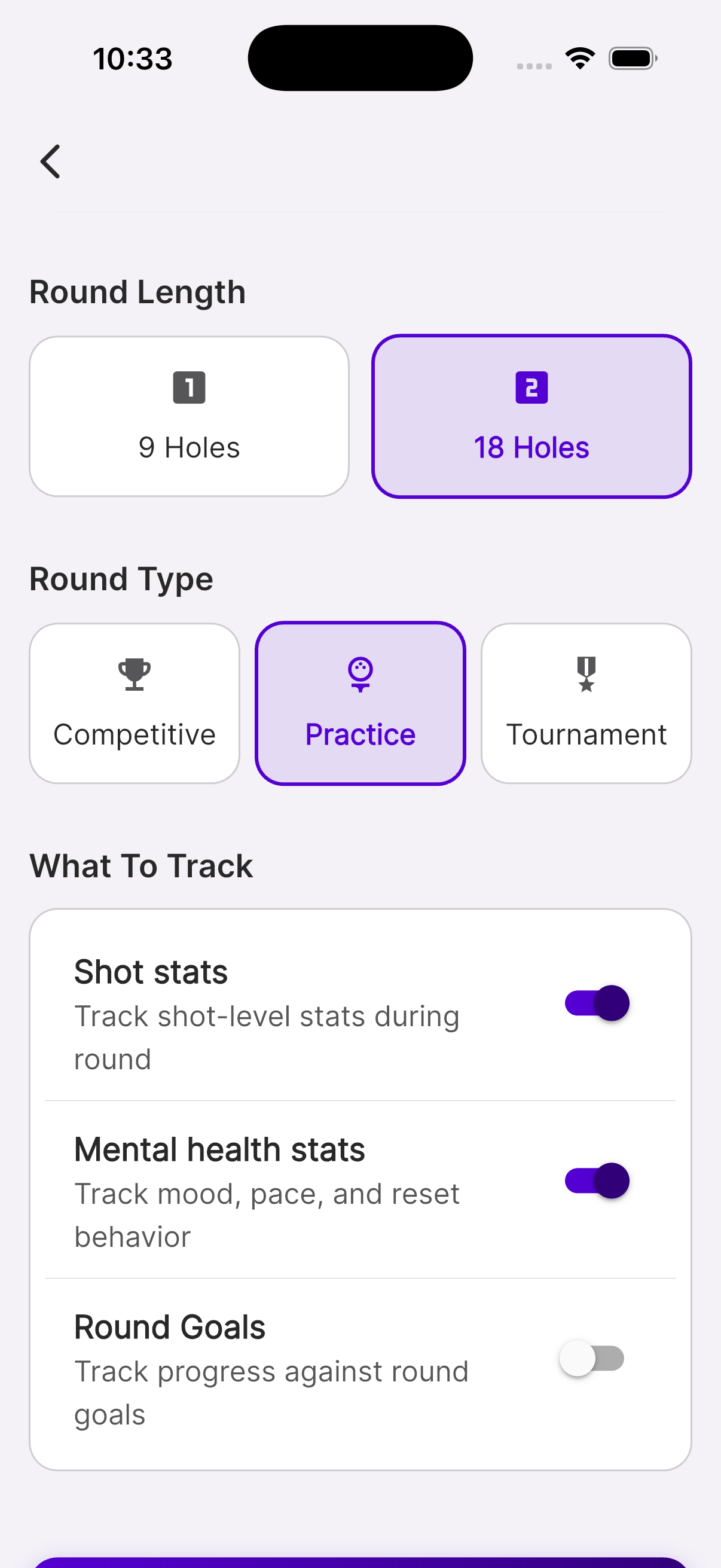 Nahui Golf round setup screen with round length, round type, and tracking toggles.